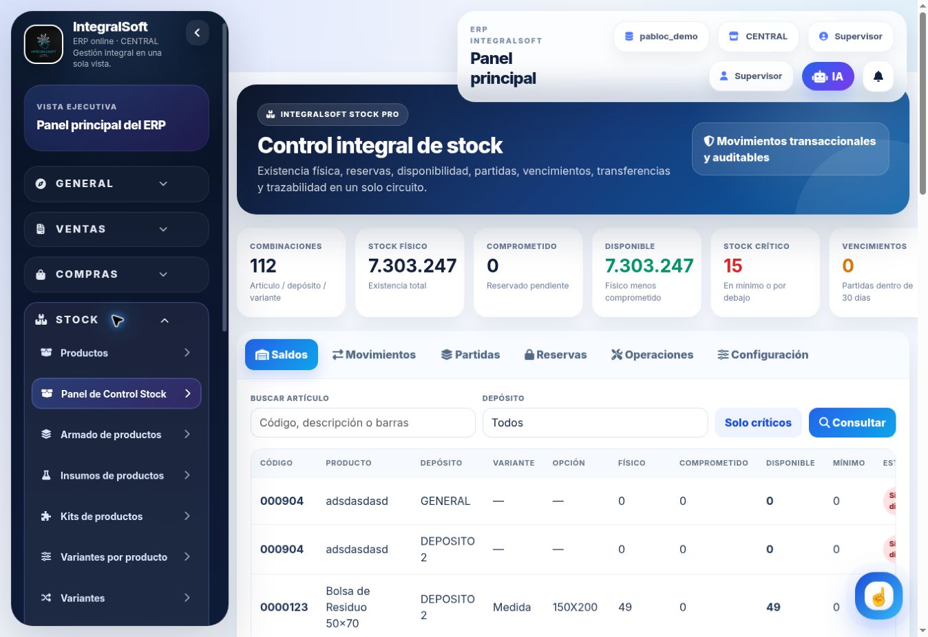 Control de stock real por depósitos en IntegralSoft
